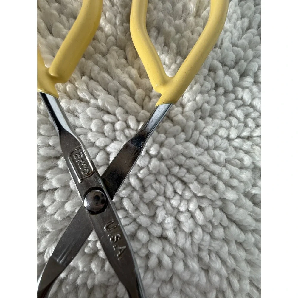 VTG Ekco USA‎ Scissor Kitchen Tongs Yellow Coated Handles Metal Serving Tool
